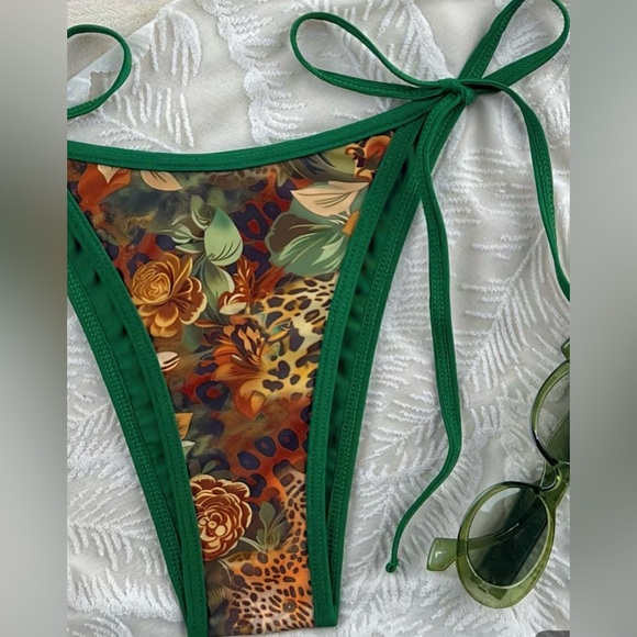 Green Leopard Floral Print Halter Side Tie Bikini Set - Picture 6 of 9